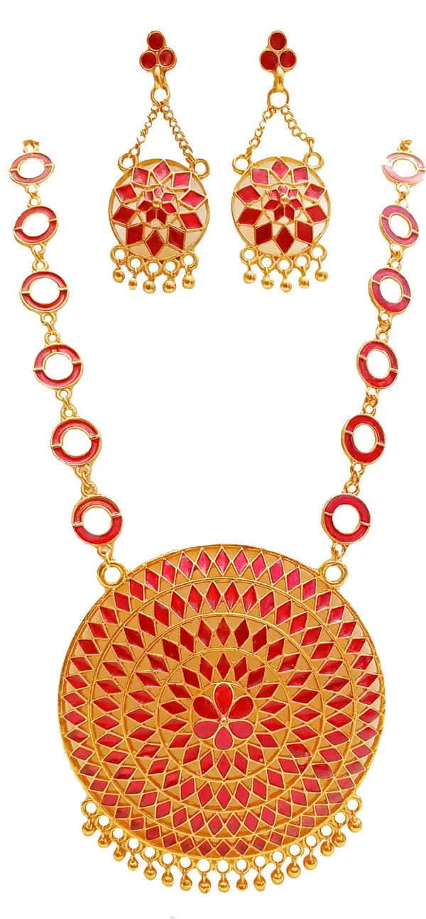 Assamese_Traditional_Gold_Plated_Red_Colour_Japi_Chain_Jewellery_Set_For_Women